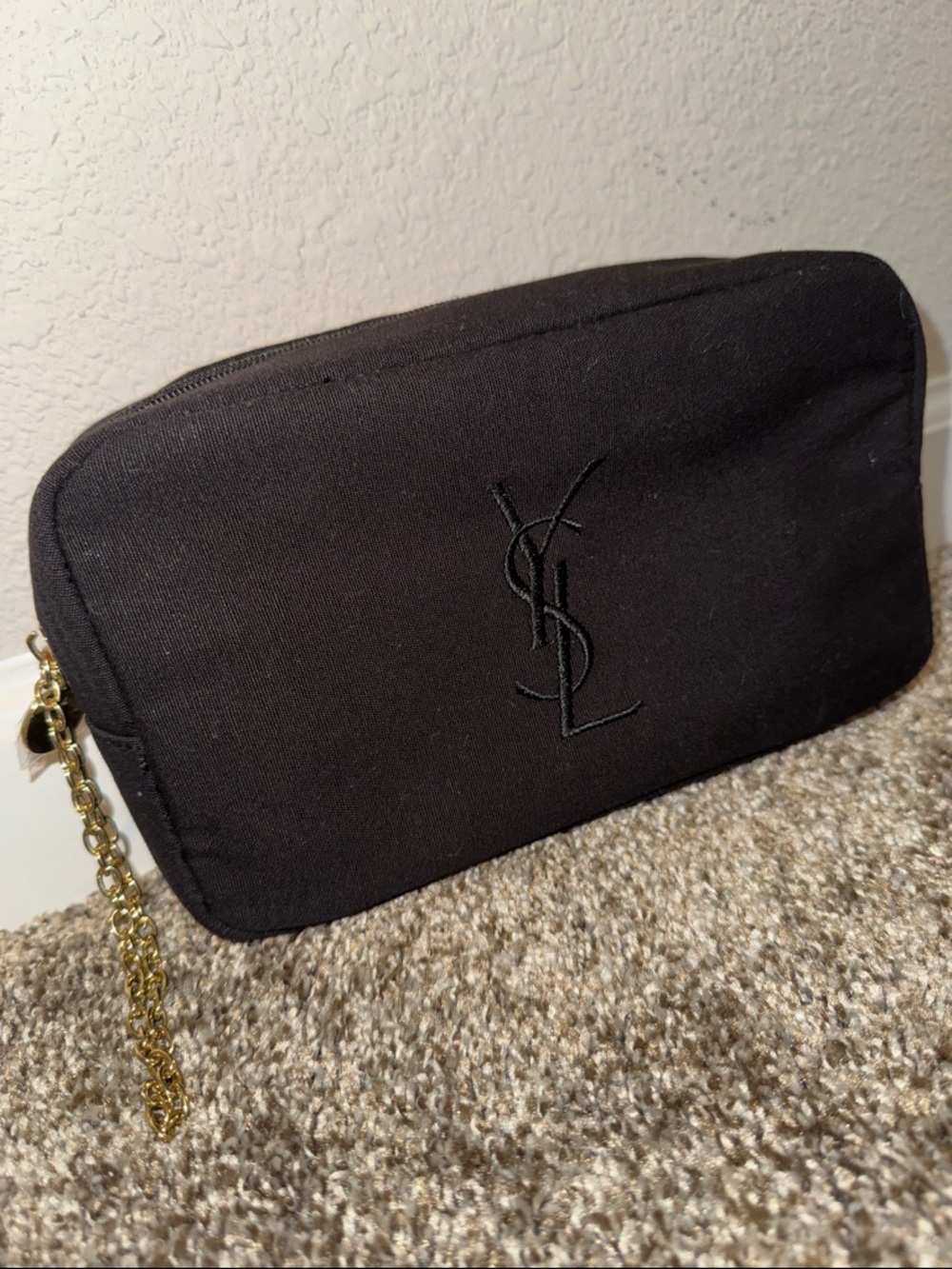 YSL Yves Saint Laurent Black Canvas Wristlet makeup bag clutch with Gold Chain